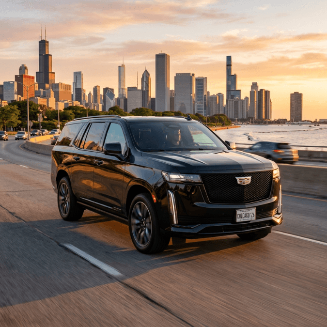 Executive SUV waiting at a fixed base operator for a private jet transfer