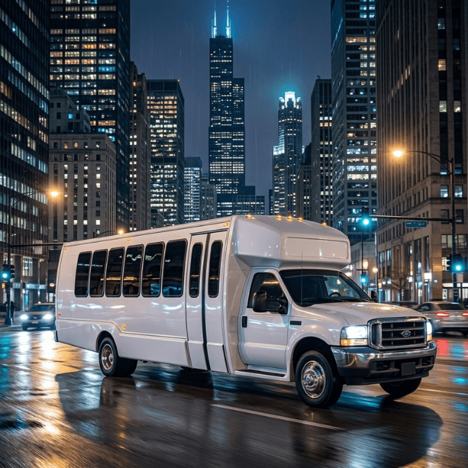 Luxury party bus interior with sound system and lighting in Chicago