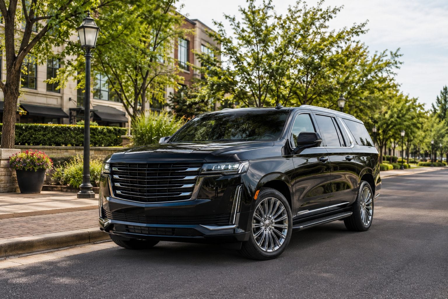 Chicago South Suburbs luxury SUV service with a black premium SUV on a landscaped suburban street