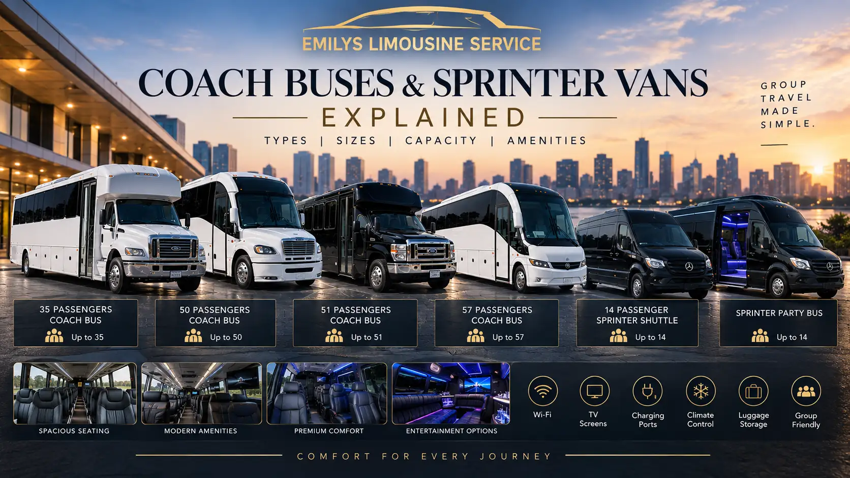 Coach buses and Sprinter vans explained with passenger capacities, vehicle types, and luxury transportation amenities