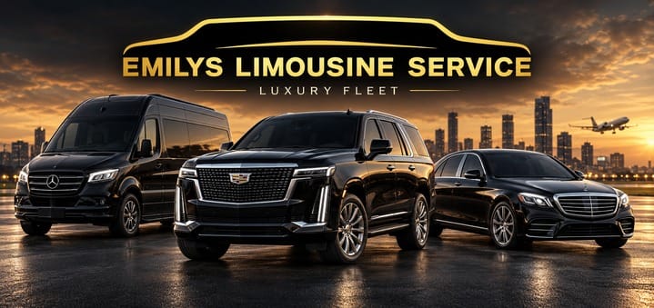 emilys-limousine-service-luxury-fleet-719×339 Emilys Limousine Service luxury fleet — black Mercedes Sprinter van, Cadillac Escalade SUV, and Mercedes S-Class sedan at sunset with a city skyline and airplane