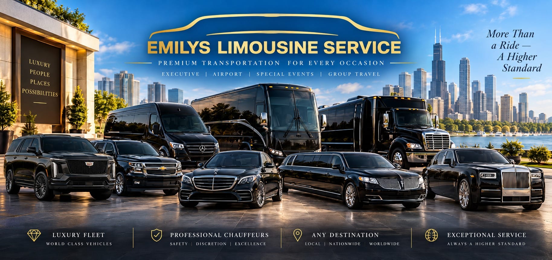 Emilys Limousine Service luxury fleet — Escalade SUV, Suburban, Sprinter van, minibus, motorcoach, S-Class sedan, stretch limo, and Rolls-Royce with the Chicago skyline and lakefront