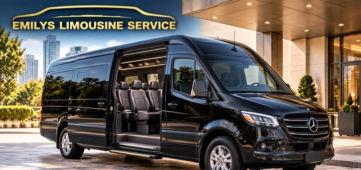 emilys-limousine-service-sprinter-van-719×339 Emilys Limousine Service Mercedes Sprinter van — black executive Sprinter with open door and leather seating parked outside a modern hotel with a city skyline
