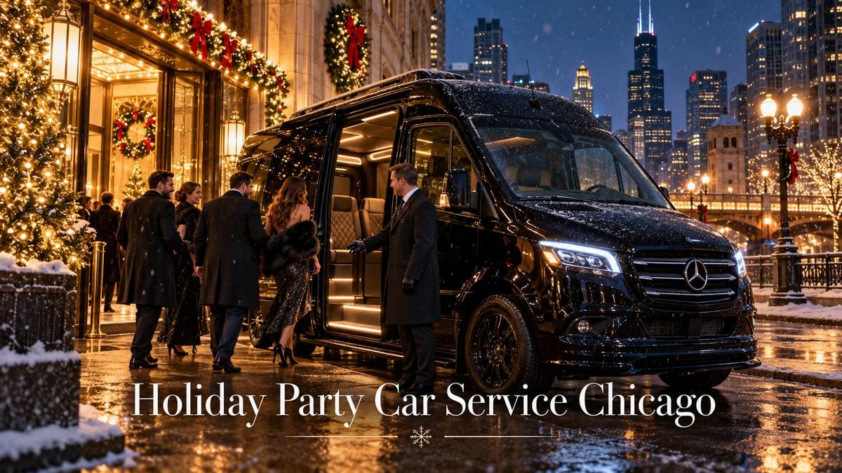 Holiday party car service Chicago: chauffeur opening a black 2026 Mercedes-Benz Sprinter for guests at a decorated downtown venue near the Chicago River