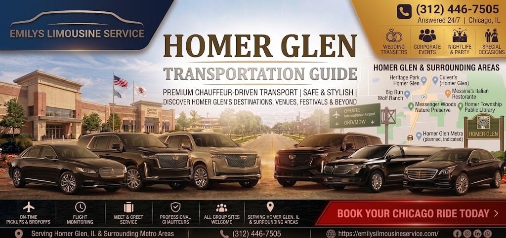 Emilys Limousine Service graphic titled "Homer Glen Transportation Guide," with a local area map showing landmarks like Heritage Park, Culver's, Messenger Woods Nature Preserve, and Homer Township Public Library, and a fleet of black, silver, and dark blue vehicles lined up on a road near a shopping center.