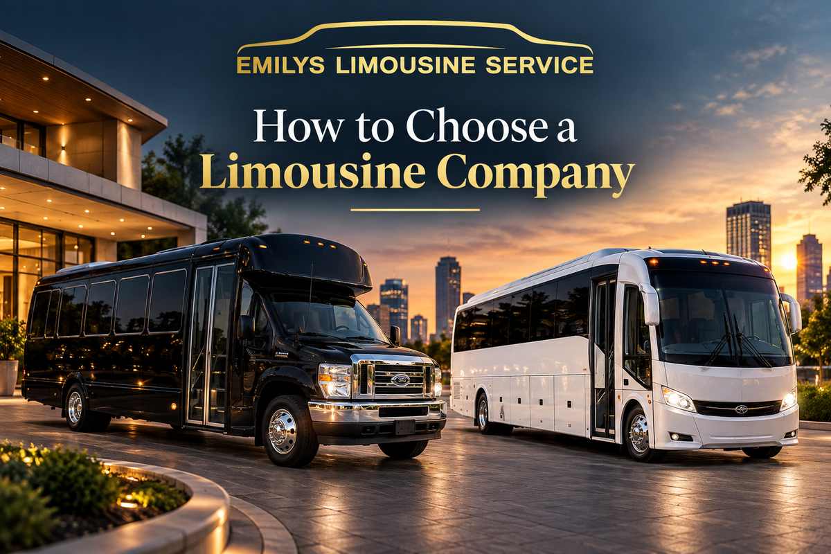 Black party bus and white coach bus at a venue at dusk, illustrating how to choose a limousine company in Chicago.