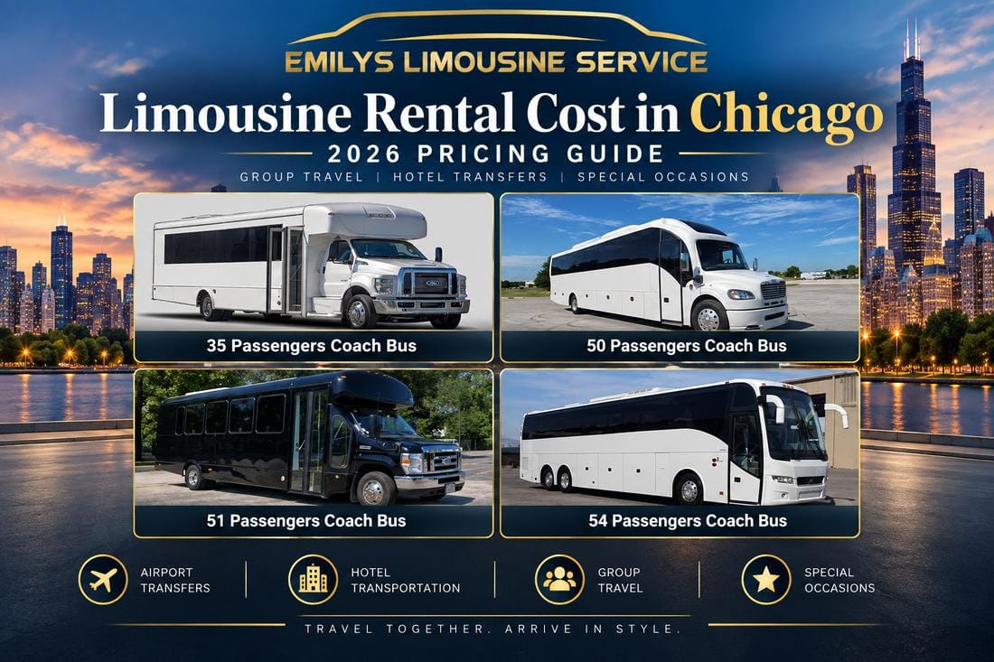 Chicago limousine rental cost guide featuring 35, 50, 51, and 54 passenger coach buses