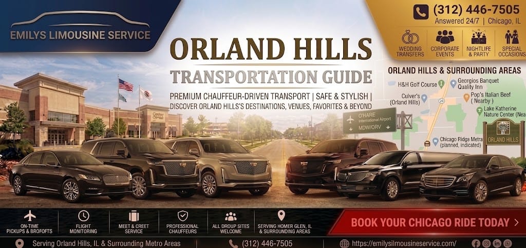 Emilys Limousine Service graphic titled "Orland Hills Transportation Guide," with a local area map showing landmarks like H&H Golf Course, Culver's, Georgios Banquet, Quality Inn, and Lake Katherine Nature Center, and a fleet of black, silver, and dark blue vehicles lined up on a road near a shopping center.