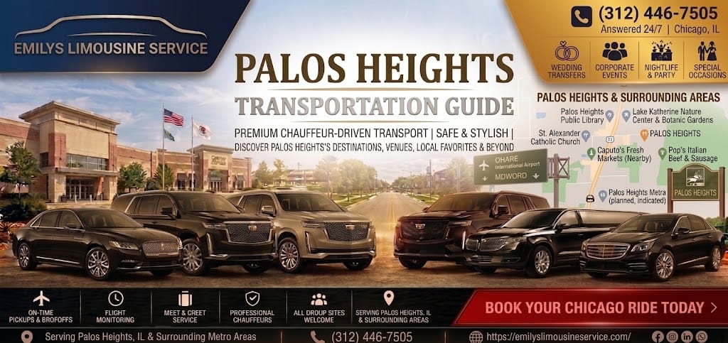 Emilys Limousine Service graphic titled "Palos Heights Transportation Guide," with a local area map showing landmarks like the Public Library, St. Alexander Catholic Church, Lake Katherine Nature Center, and Caputo's Fresh Markets, and a fleet of black, silver, and dark blue vehicles lined up on a road near a shopping center.