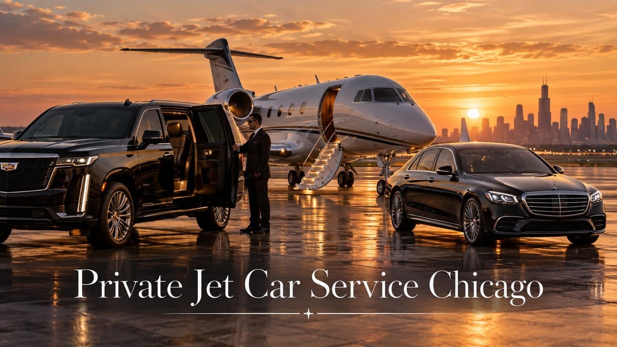 Private jet car service Chicago: black 2026 Cadillac Escalade and Mercedes-Benz S-Class beside a business jet on an FBO ramp