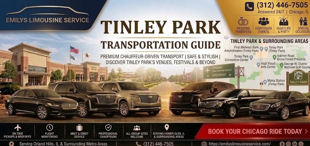Emilys Limousine Service graphic titled "Tinley Park Transportation Guide," with a local area map showing landmarks like the Tinley Park Amphitheatre, Metra Station, and Vogt Visual Arts Center, and a fleet of black, silver, and dark blue vehicles lined up on a road near a shopping center.