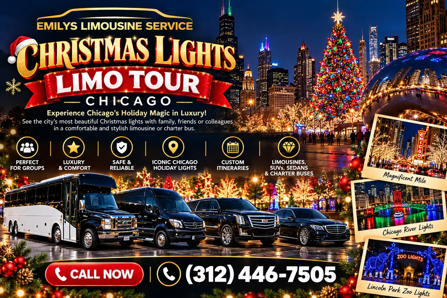 Festive Christmas Lights Limo Tour in Chicago featuring luxury limousines, SUVs, sedans, charter buses, and shuttle vehicles surrounded by colorful holiday lights and Chicago's decorated skyline. The image promotes comfortable group transportation for viewing Chicago Christmas lights, including the Magnificent Mile, Chicago River lights, and Lincoln Park Zoo Lights.