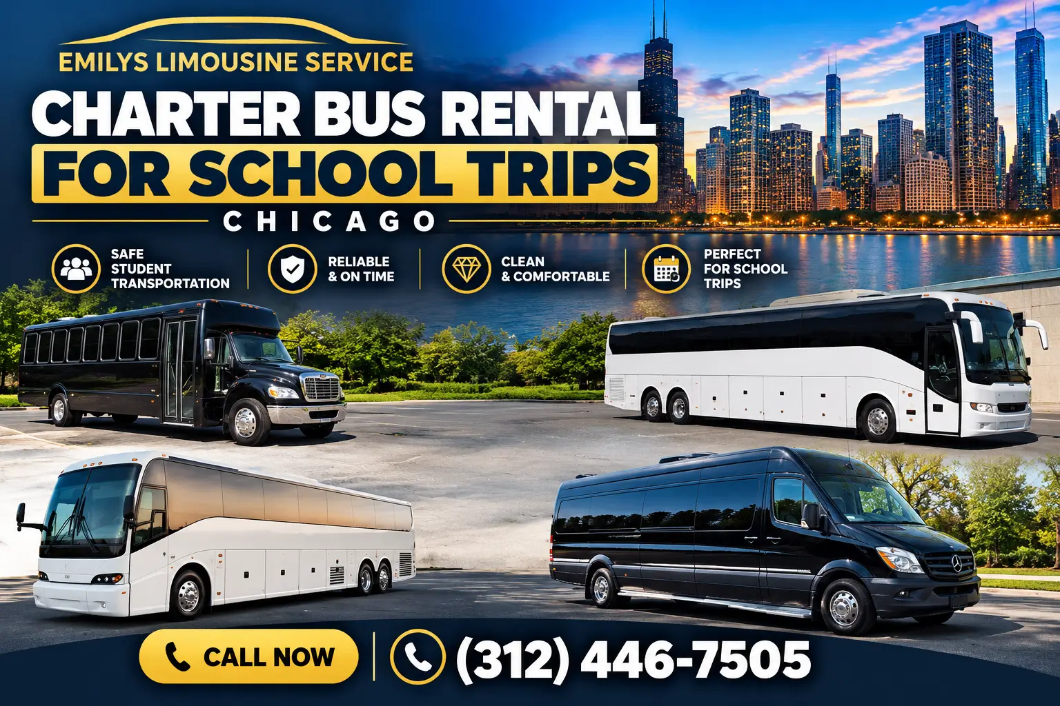 Charter bus rental for school trips in Chicago featuring Emily’s Limousine Service fleet of coach buses and shuttle vehicles for safe, reliable, and comfortable student transportation.
