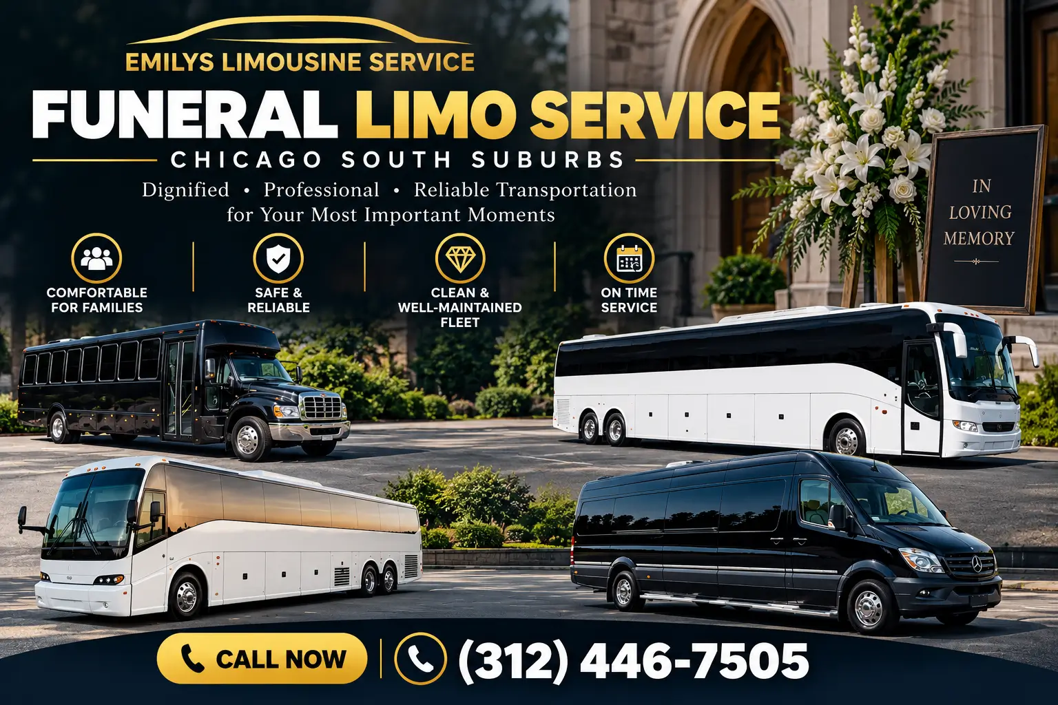 Funeral limo service in Chicago South Suburbs featuring Emily’s Limousine Service luxury buses and shuttle vehicles for dignified, comfortable, and reliable funeral transportation.