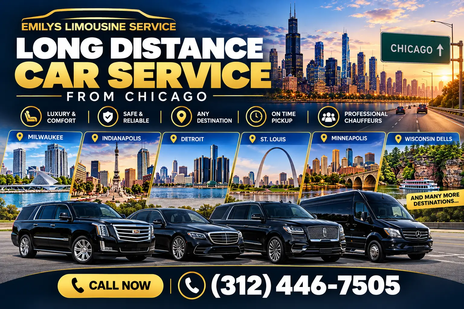 Luxury long-distance car service from Chicago featuring premium SUVs, sedans, and passenger vans, with transportation to Milwaukee, Indianapolis, Detroit, St. Louis, Minneapolis, Wisconsin Dells, and other destinations. Emily’s Limousine Service offers safe, reliable, comfortable, and professional chauffeur transportation with service available from Chicago.