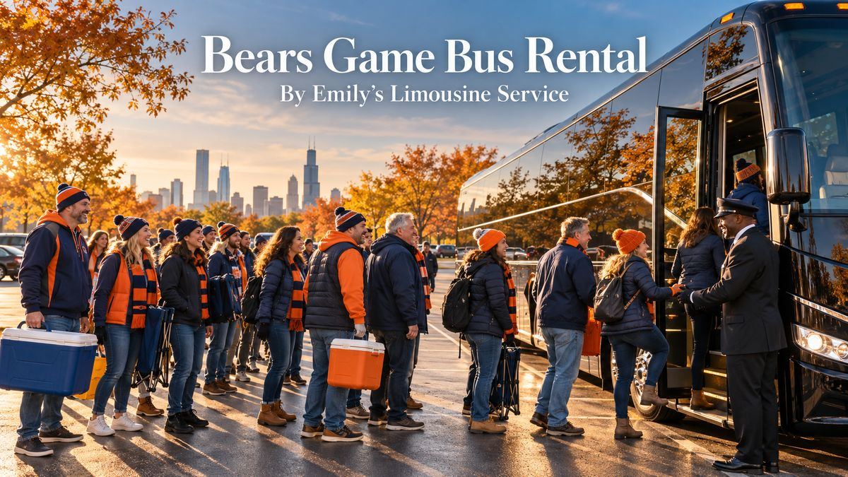 Bears game bus rental with a black luxury coach bus picking up a group of fans in navy and orange outside a suburban parking lot on game day