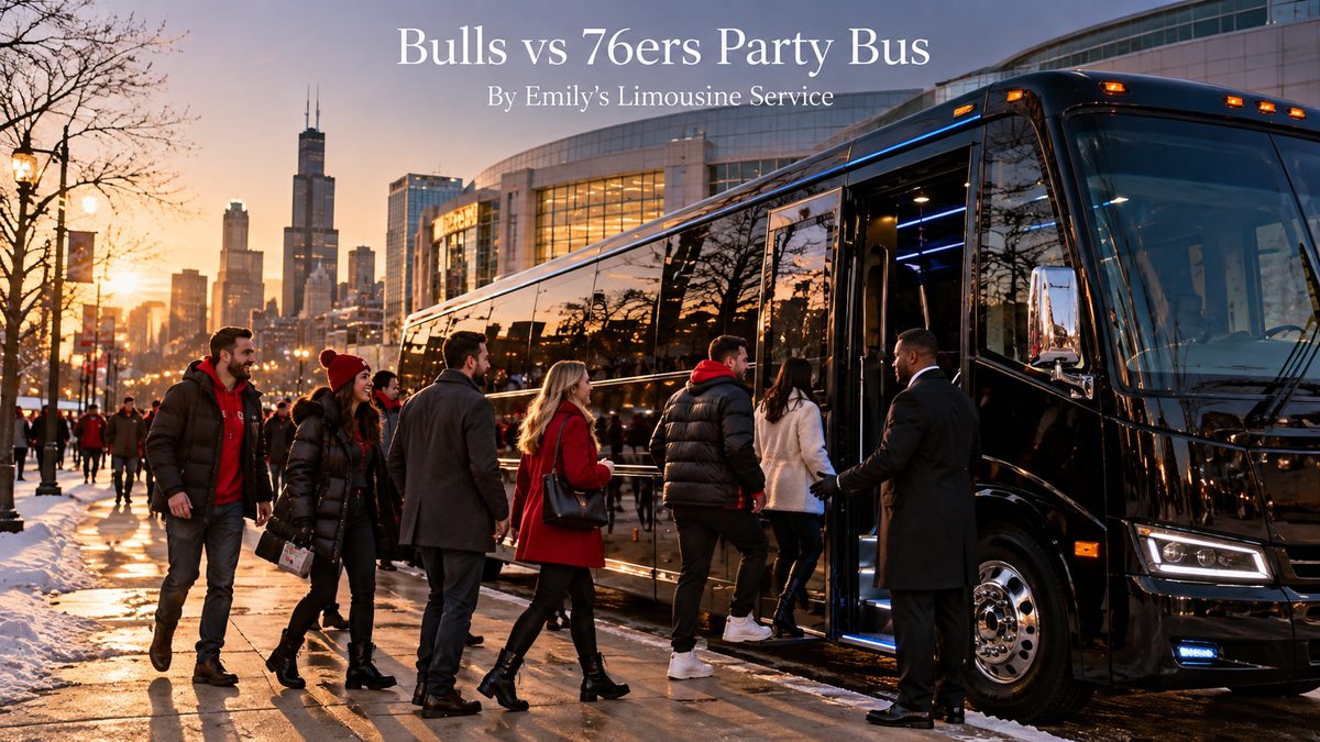 Bulls vs 76ers party bus with a large black party bus and chauffeur as a group of fans in red Bulls gear board near the United Center on a winter game day