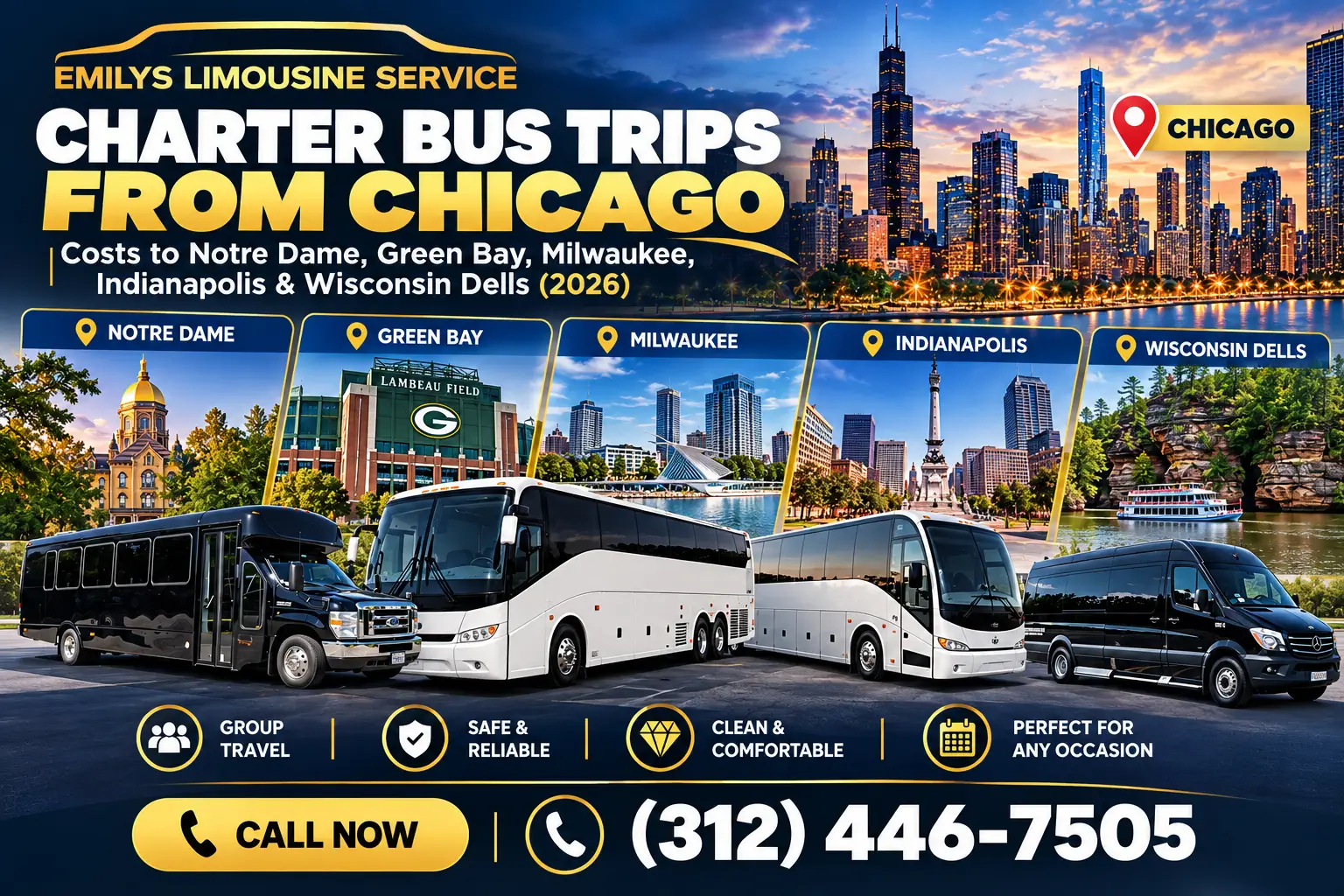 Chicago charter bus rental for trips to Notre Dame, Green Bay, Milwaukee, Indianapolis and Wisconsin Dells by Emily’s Limousine Service.