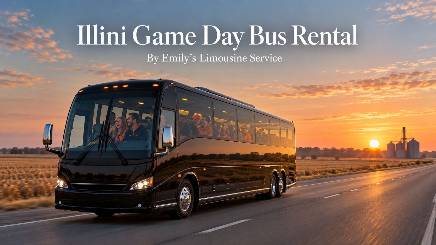 Illini game day bus rental with a black luxury coach bus driving on an open Illinois highway through farmland at sunrise on the way to a college football game